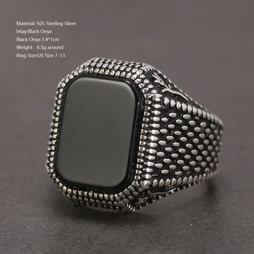 Real Pure 925 Sterling Silver Signet Rings for Men Ottoman Tugra With Black Agate Natural Stone Retro Rose Flower Engraved