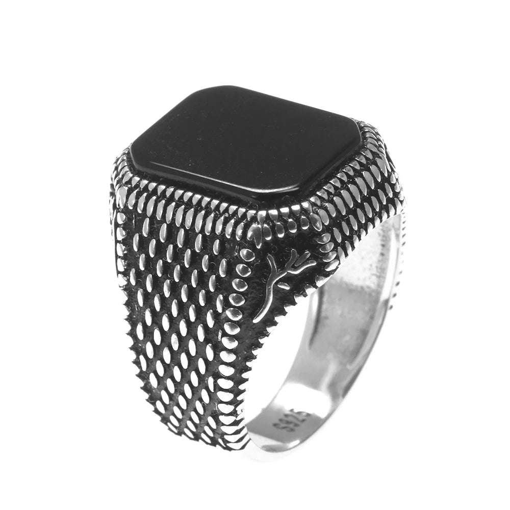 Real Pure 925 Sterling Silver Signet Rings for Men Ottoman Tugra With Black Agate Natural Stone Retro Rose Flower Engraved