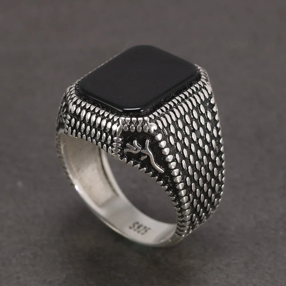 Real Pure 925 Sterling Silver Signet Rings for Men Ottoman Tugra With Black Agate Natural Stone Retro Rose Flower Engraved