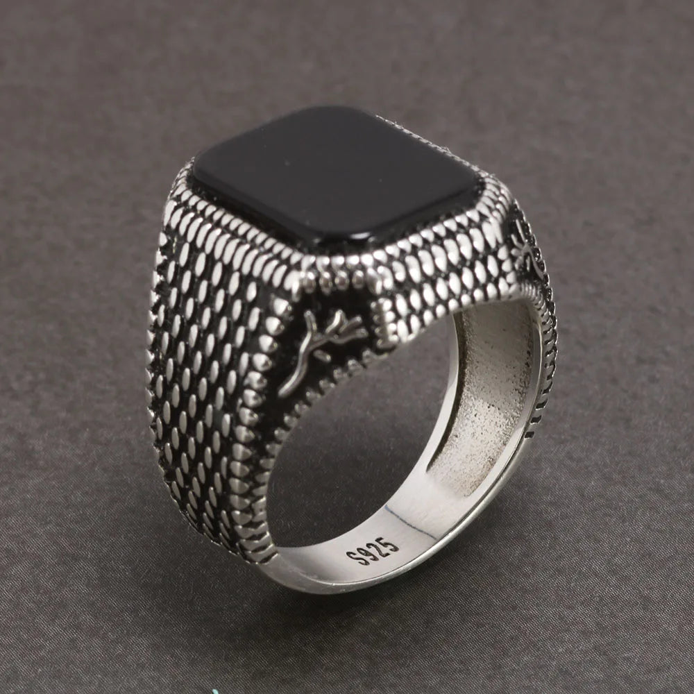 Real Pure 925 Sterling Silver Signet Rings for Men Ottoman Tugra With Black Agate Natural Stone Retro Rose Flower Engraved