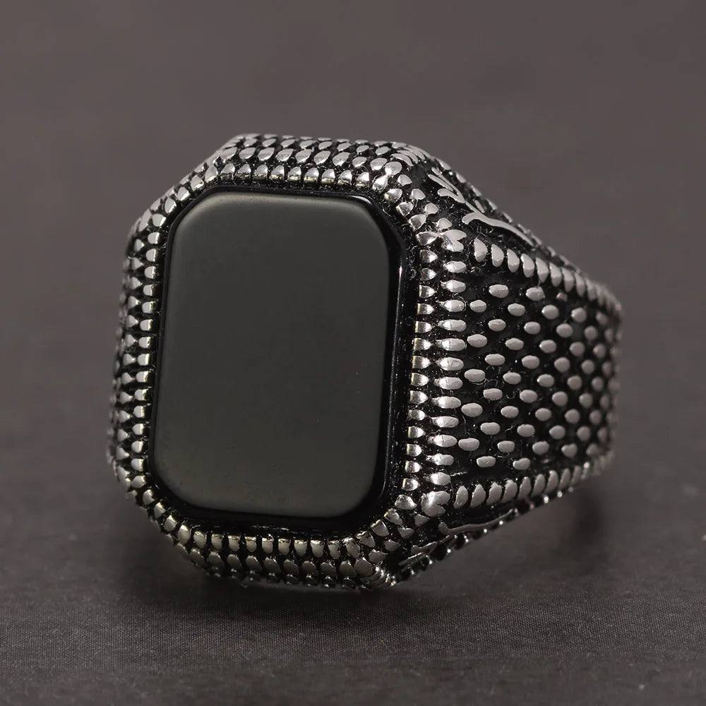 Real Pure 925 Sterling Silver Signet Rings for Men Ottoman Tugra With Black Agate Natural Stone Retro Rose Flower Engraved