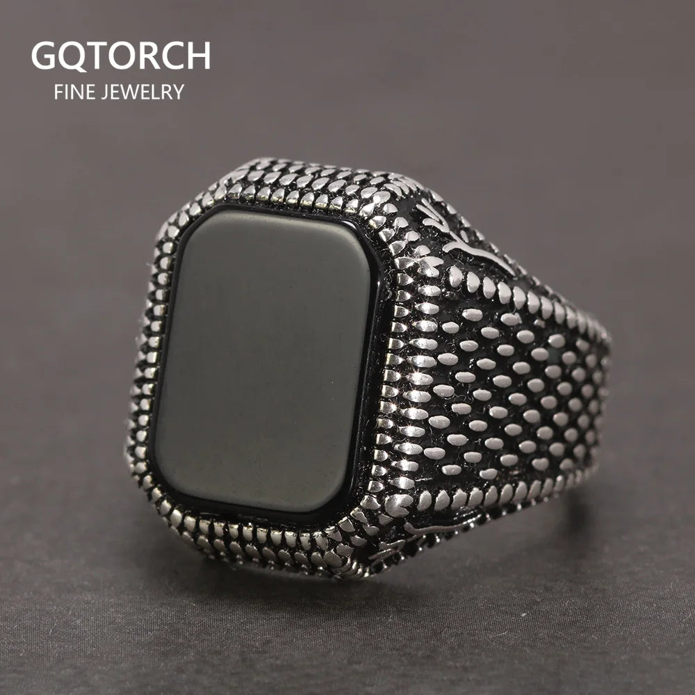 Real Pure 925 Sterling Silver Signet Rings for Men Ottoman Tugra With Black Agate Natural Stone Retro Rose Flower Engraved