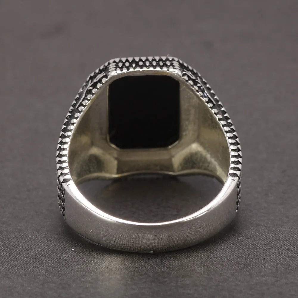 Real Pure 925 Sterling Silver Signet Rings for Men Ottoman Tugra With Black Agate Natural Stone Retro Rose Flower Engraved