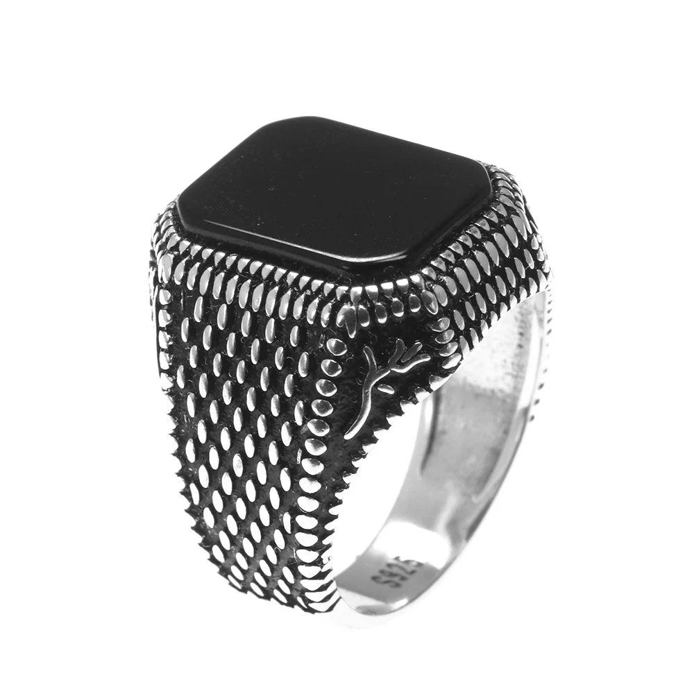 Real Pure 925 Sterling Silver Signet Rings for Men Ottoman Tugra With Black Agate Natural Stone Retro Rose Flower Engraved