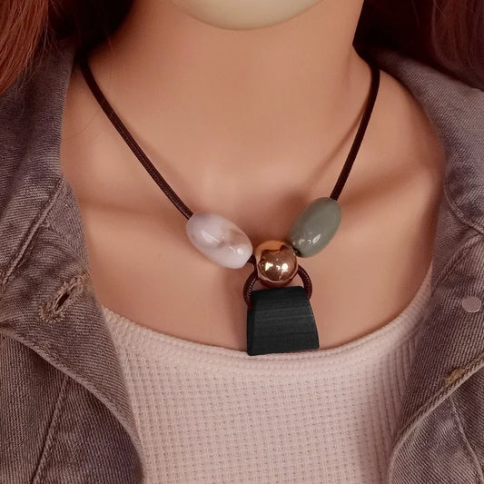 Bohemian Vintage Handmade Beaded Cord Necklace with Natural Wooden and Acrylic Pendant Fashion Jewelry for Women Daily wear