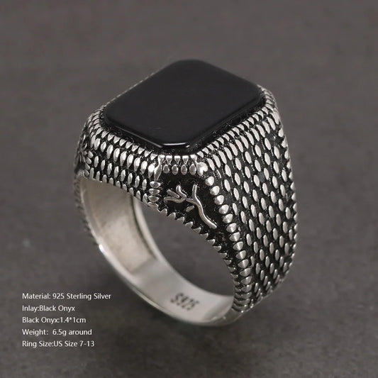 Real Pure 925 Sterling Silver Signet Rings for Men Ottoman Tugra With Black Agate Natural Stone Retro Rose Flower Engraved