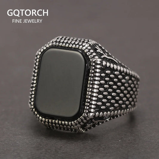 Real Pure 925 Sterling Silver Signet Rings for Men Ottoman Tugra With Black Agate Natural Stone Retro Rose Flower Engraved