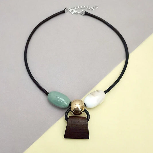 Bohemian Vintage Handmade Beaded Cord Necklace with Natural Wooden and Acrylic Pendant Fashion Jewelry for Women Daily wear